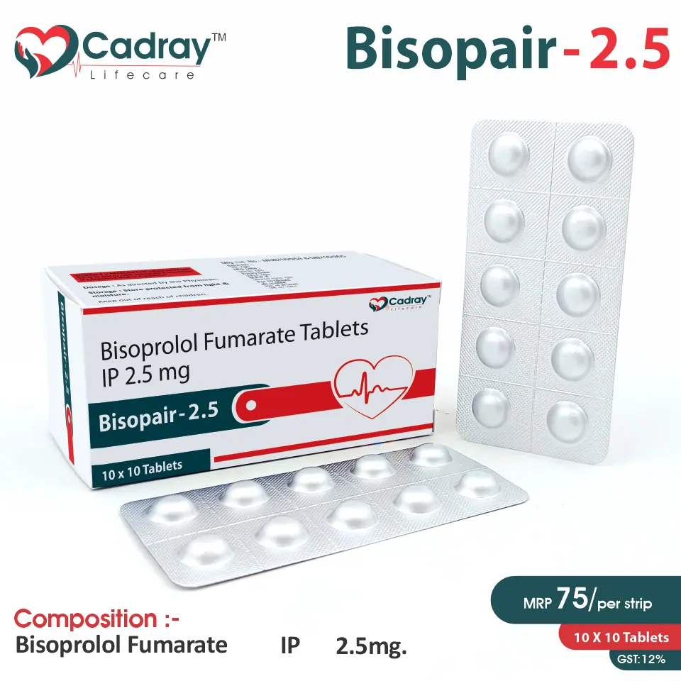 Bisopair 2.5 Tablet with Bisoprolol 2.5mg is a beta-blocker for hypertension & heart failure. WHO GMP certified, available at the best price for PCD pharma franchise, third-party manufacturing & export.